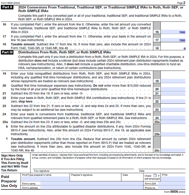 IRS Form 8606 reporting nondeductible Traditional IRA contribution and Roth conversion