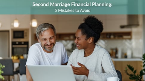 Couple reviewing financial documents before a second marriage 