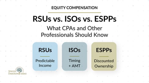 Editorial-style graphic comparing RSUs ISOs and ESPPs for CPAs and other professionals